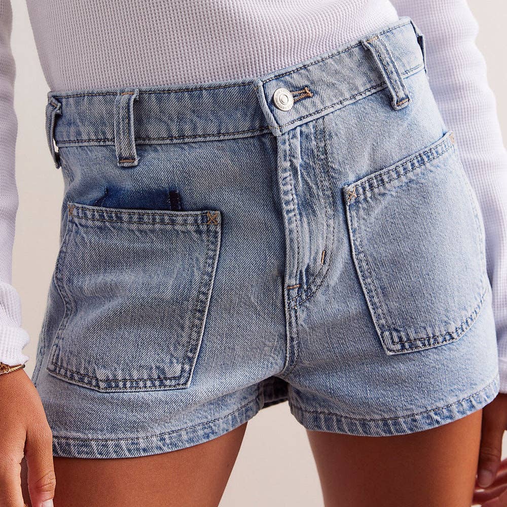 Dipped Shop - Wholesale Shorts - Women's - Denim Pocket Casual Mid-Waist Washed Shorts DP25B6524