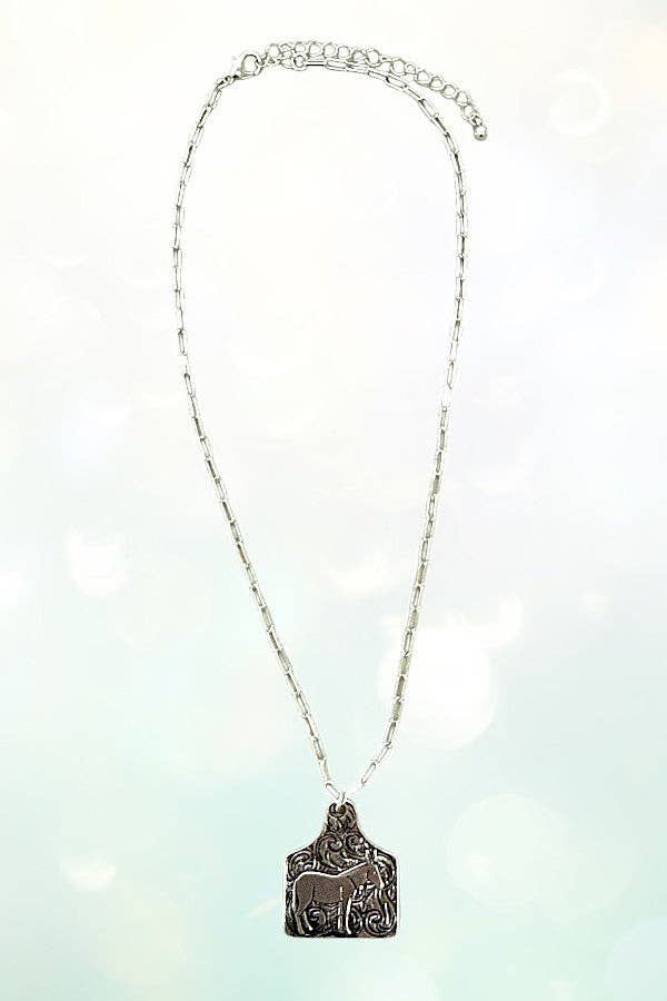 Burnished Silver DONKEY ETCHED CATTLE TAG PENDANT NECKLACE for wholesale on Faire2