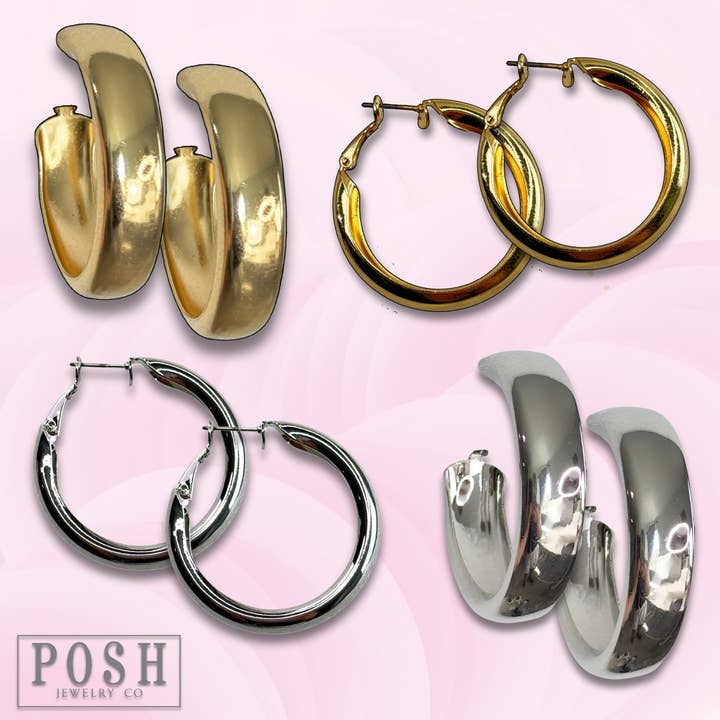 Wide shiny finish hoop earrings for wholesale by Pink Panache Brands