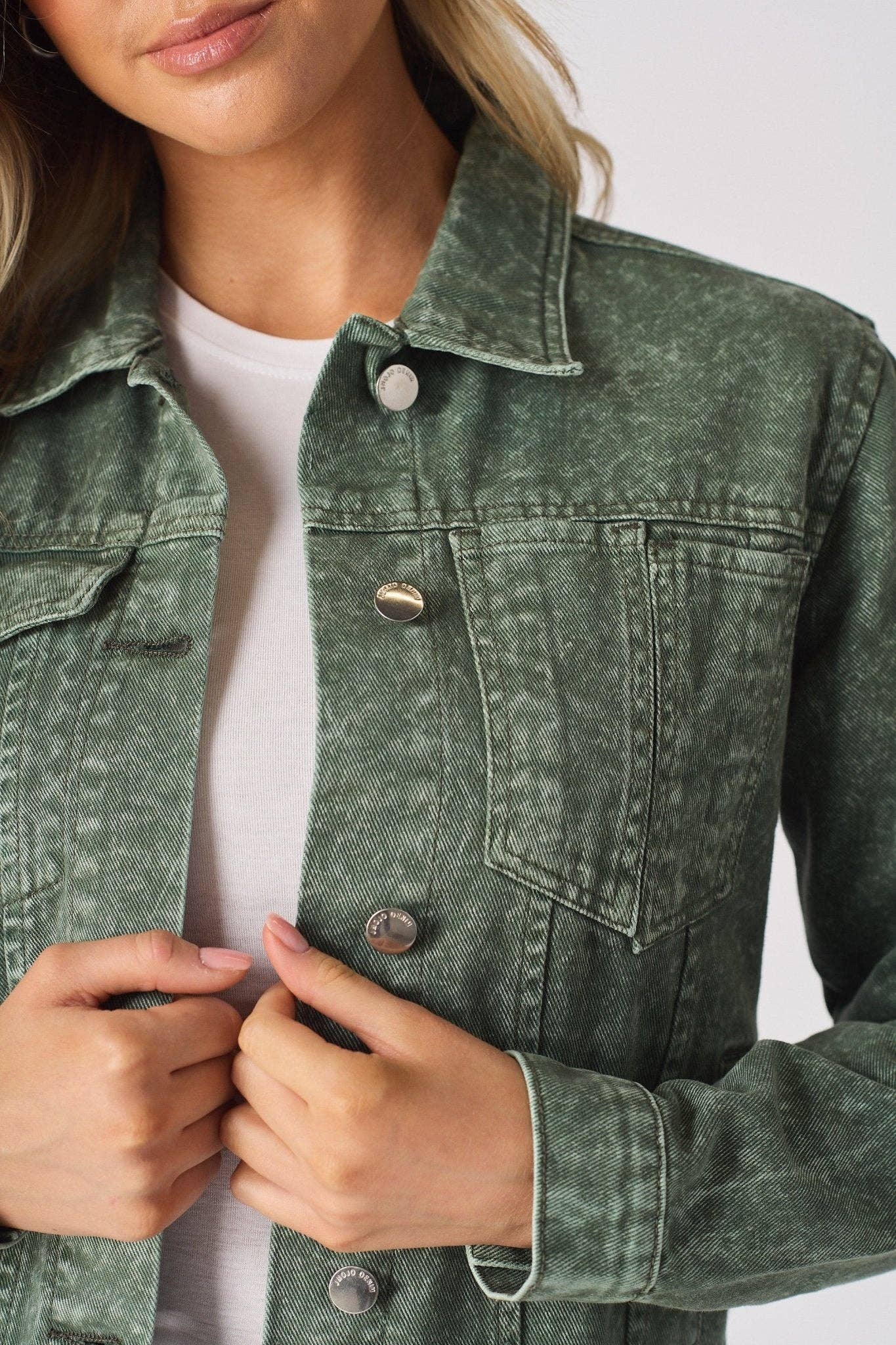 JMOJO UK Limited – wholesale Denim jacket – Women's – Sage Denim Trucker Jacket – Pearl Green5