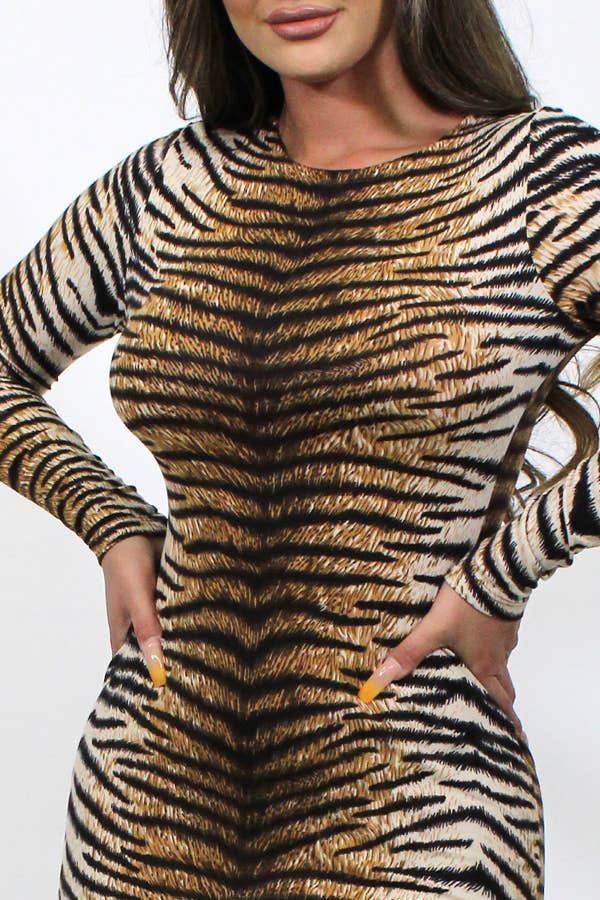 TIGER PRINT ROUND NECK LONG SLEEVE MIDI DRESS JD2036 for wholesale on Faire4
