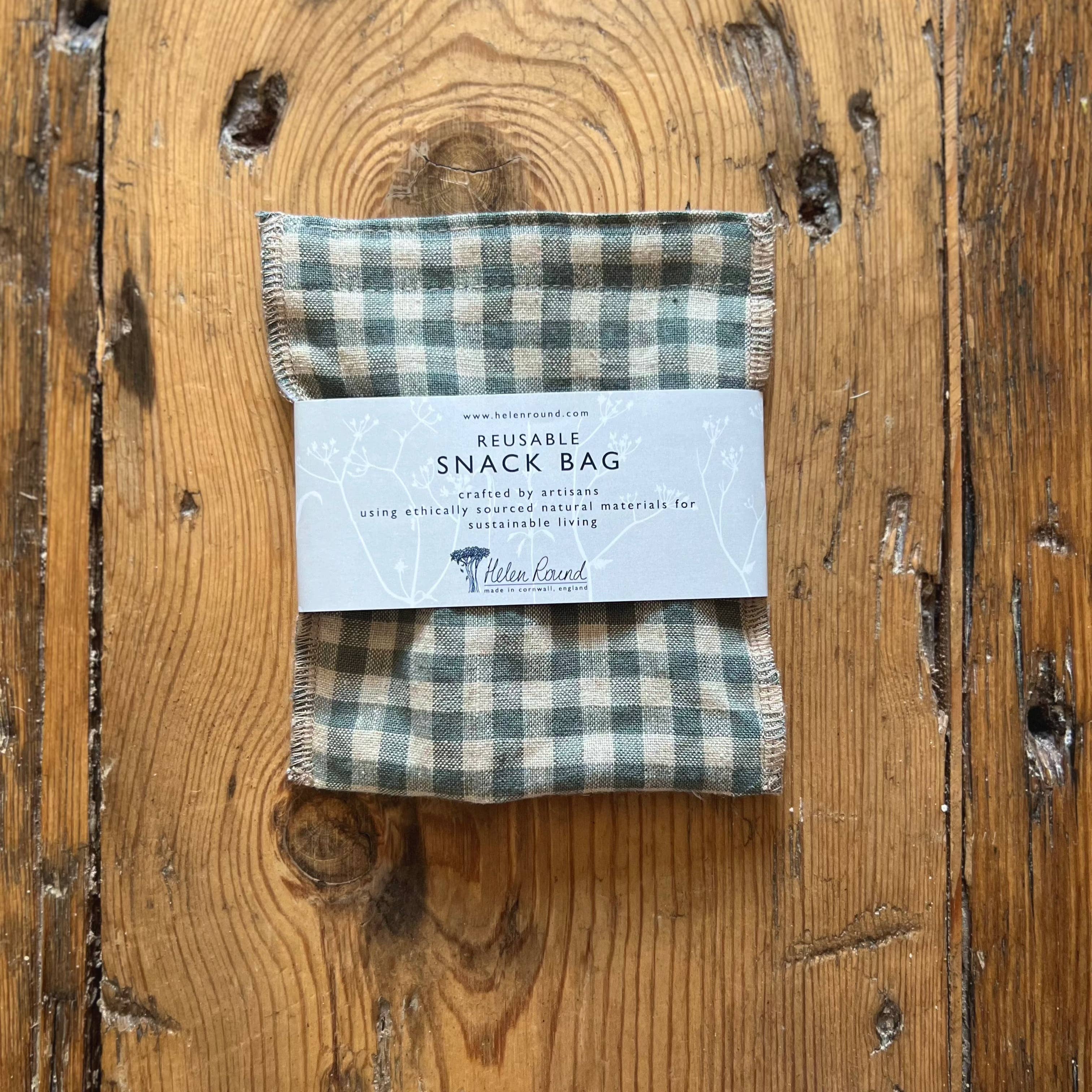 Helen Round - hand printed linen (US Duties Paid) – wholesale Food storage wrap/bag – Linen Snack Bag, Food Grade Waterproof Lining, Green Check1