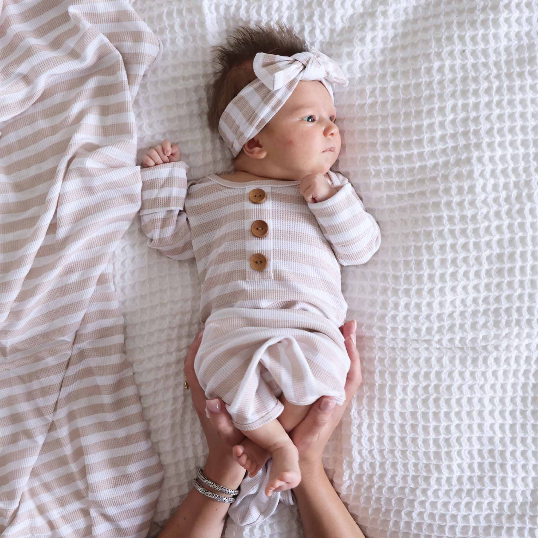 Caden Lane - Wholesale Babygown Set - Baby - Latte Stripes Bamboo Waffle Newborn Baby Knot Gown & Hat Set4