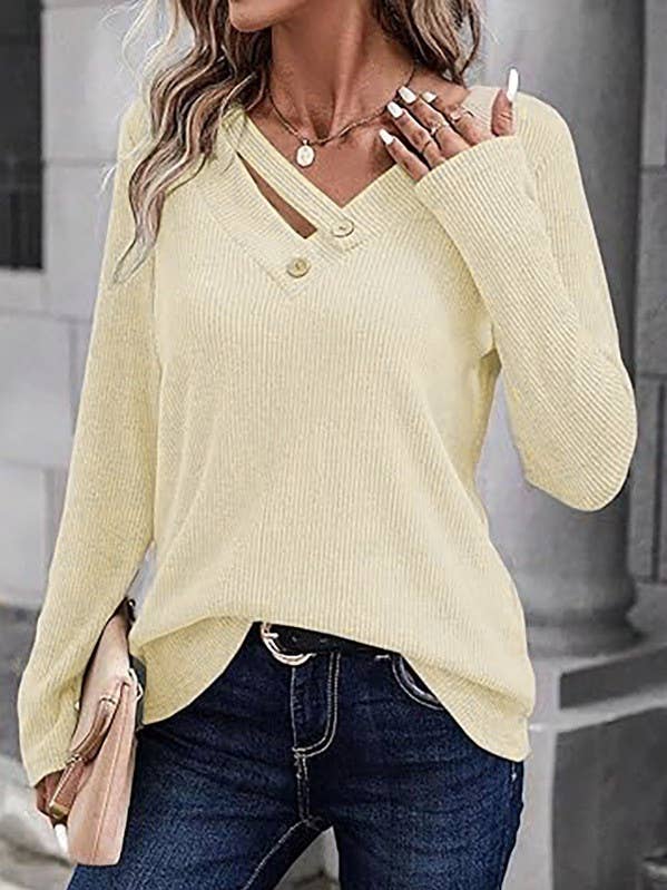 Casual Solid Color V-Neck Button Long-Sleeve T-Shirt for wholesale by Rosa Clothing