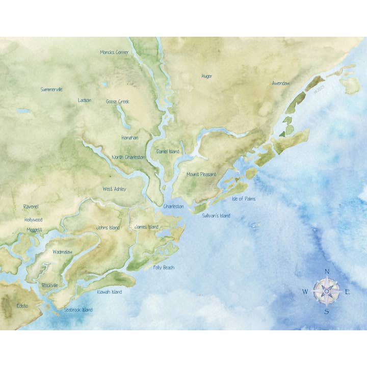 Charleston SC Area Hand-Painted Watercolor Map - Art Print for wholesale by Molly Joseph Fine Art