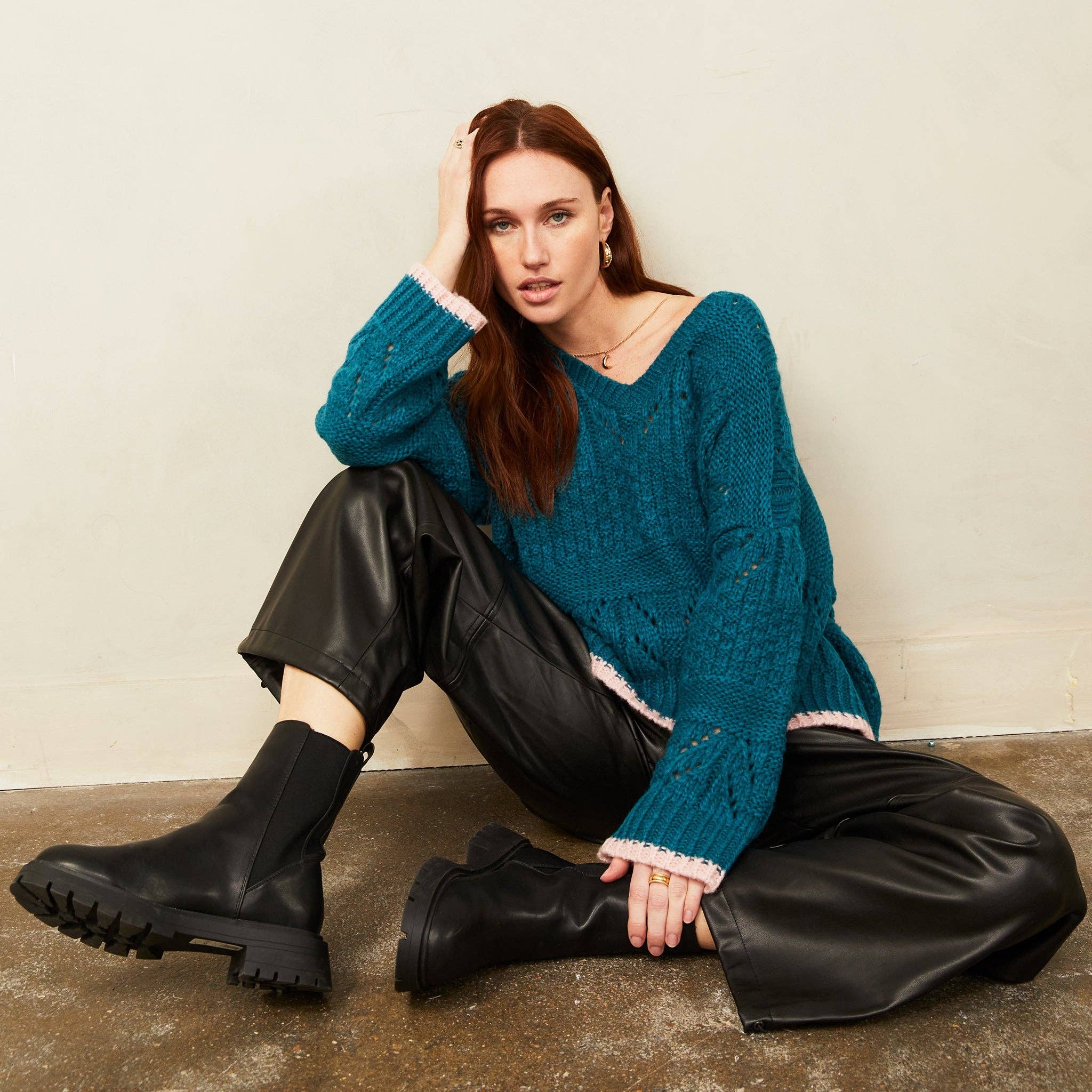 Cara & The Sky - Wholesale Knit Sweater - Women's - Zoe Pointelle V Neck Wide Sleeve Jumper - Teal6
