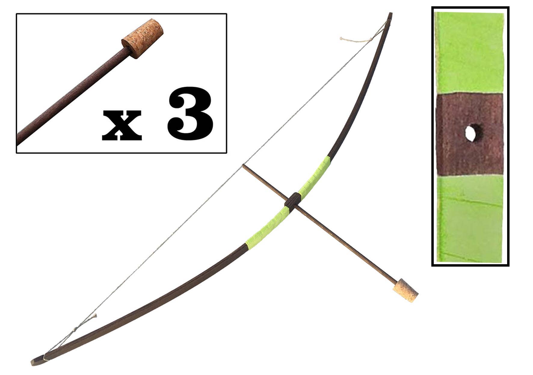 KALID MEDIEVAL – Großhandel Holzspielzeug – Kinder – Rustikaler Holzbogen mit Wildledergriff S und 3 Holzpfeilen mit Korkspitze - ST454F0