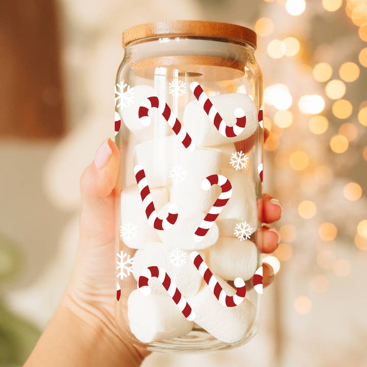 Gia Roma - Wholesale Drinking Glass/Cup - Candy Cane Christmas Can Glass. Cup With Glass Straw & Lid