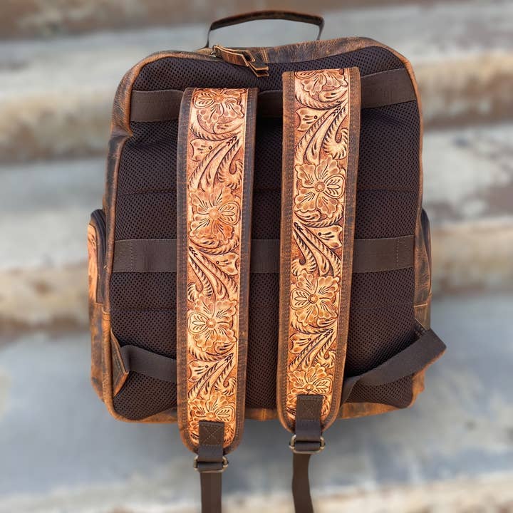 Western Linens - Wholesale Backpack - Women's - Rustic Cowhide & Tooled Floral Backpack