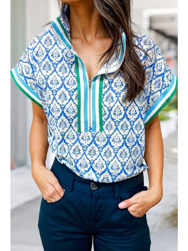 As shown Geomatric Floral Striped Tape Zip Collar Blouse | S-XL for wholesale on Faire
