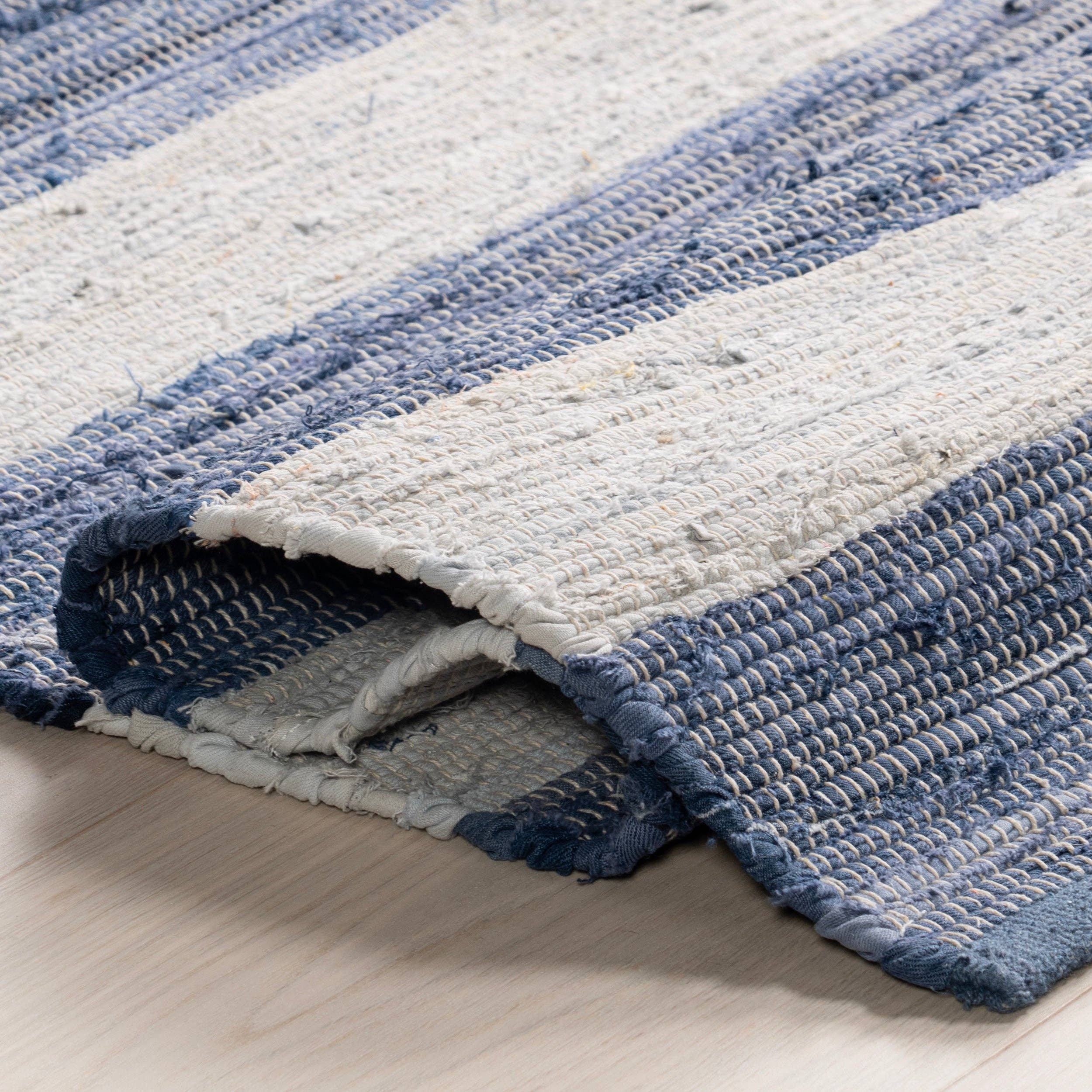 Blue Home Conservatory Striped Rag Handwoven Cotton Area Rug for wholesale on Faire4