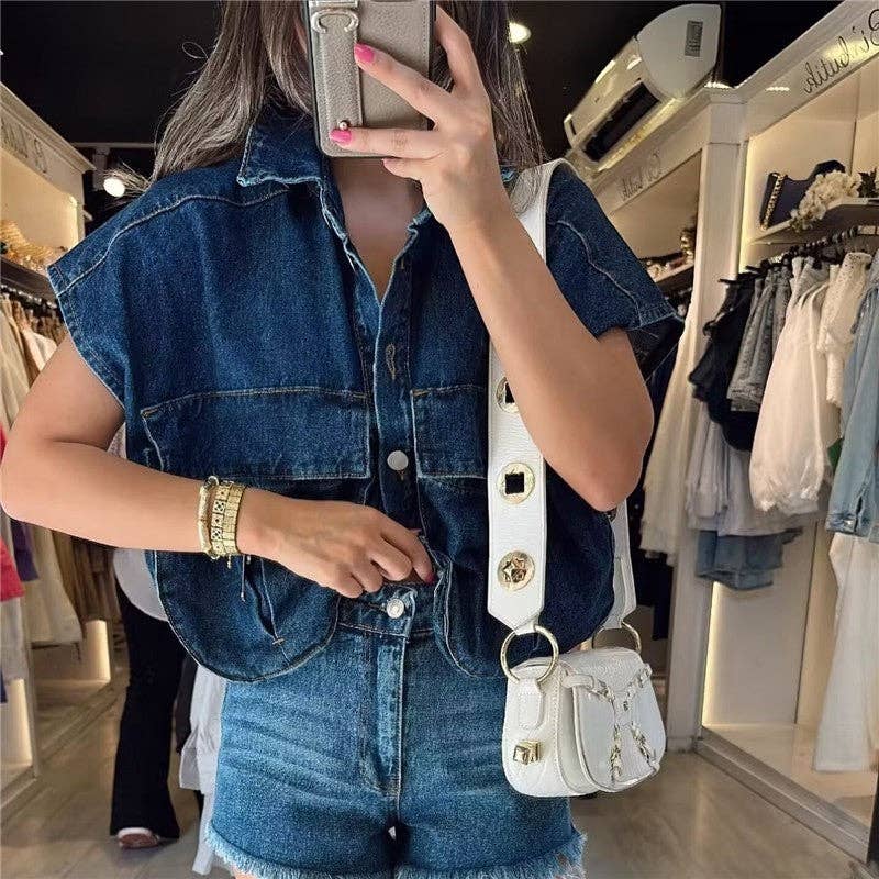 FurDecoration - Vente Veste en jean – femme - Top en jean sans manches avec grande poche de couleur unie2