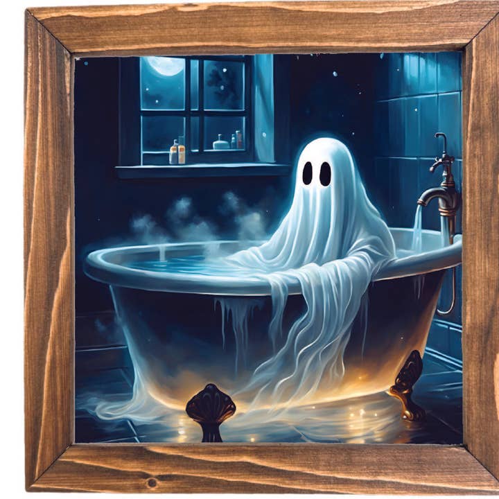 Ghost on Glowing Bathtub Printed Halloween Framed Sign for wholesale by Teele and Co.