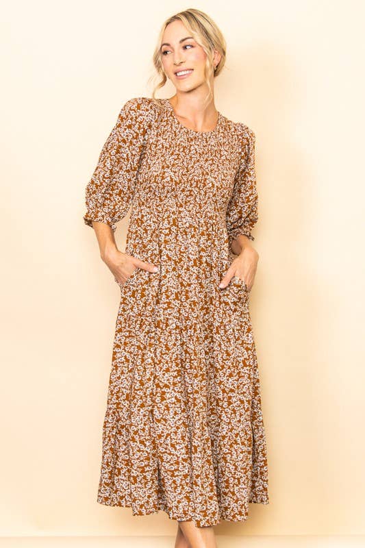 Elloh Collection - Vendita all'ingrosso Vestito - Donna - Abito midi vintage a fiori con smock a balze e tasche5