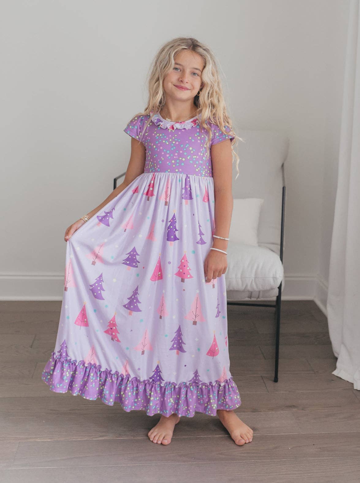 Oopsie Daisy - Wholesale Nightdress - Kids - Girls Purple Christmas Tree Holiday Ruffle Lounge Play Gown5