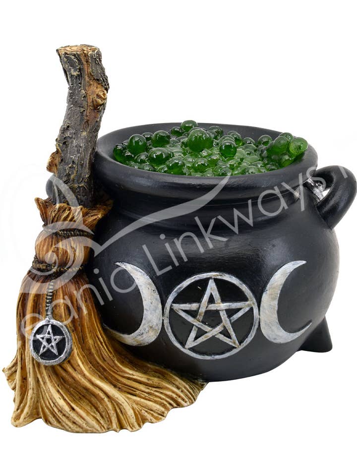 Statue - Led Light Cauldron With Broom 5.70"L X 4.3"W X 4.5" for wholesale by Oceanic Linkways Inc