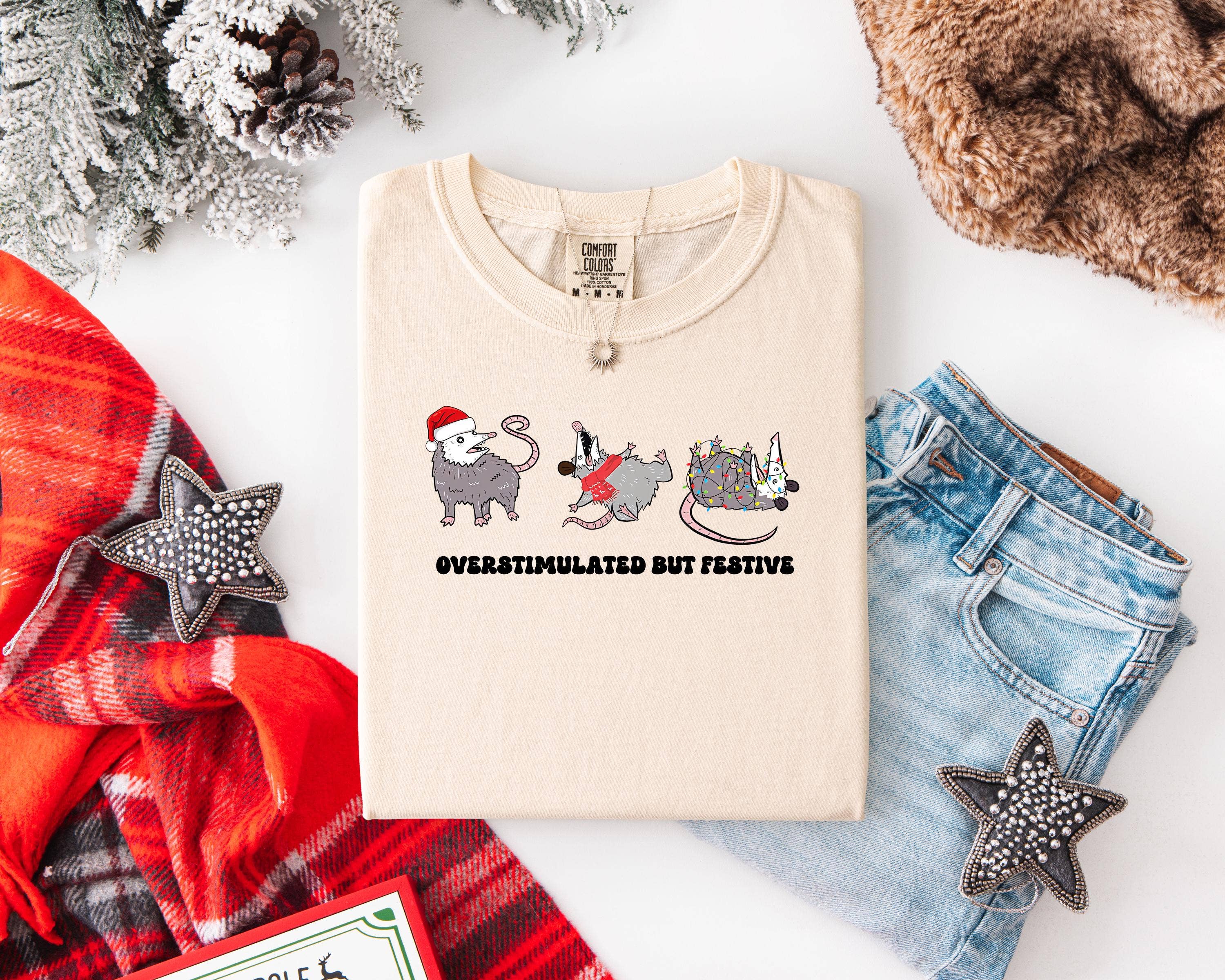 Glaime – T-shirt gráfica - Mulher por atacado – T-shirt de Natal de Gambá Festivo, mas Superestimulado da Comfort Colors2