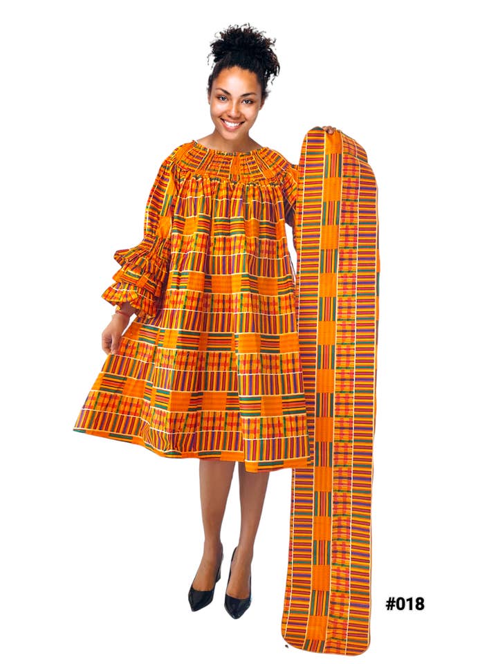 018- Afrikanisches Kente-Kleid für Damen, schulterfrei, Orange für den Großhandel von India Batik