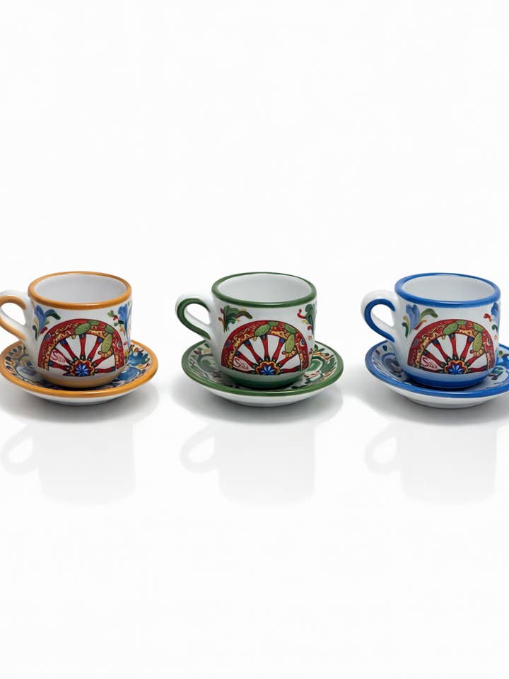 Hand-decorated coffee cup with saucer "Carretto" Caltagirone ceramics for wholesale by DD Ceramiche Siciliane