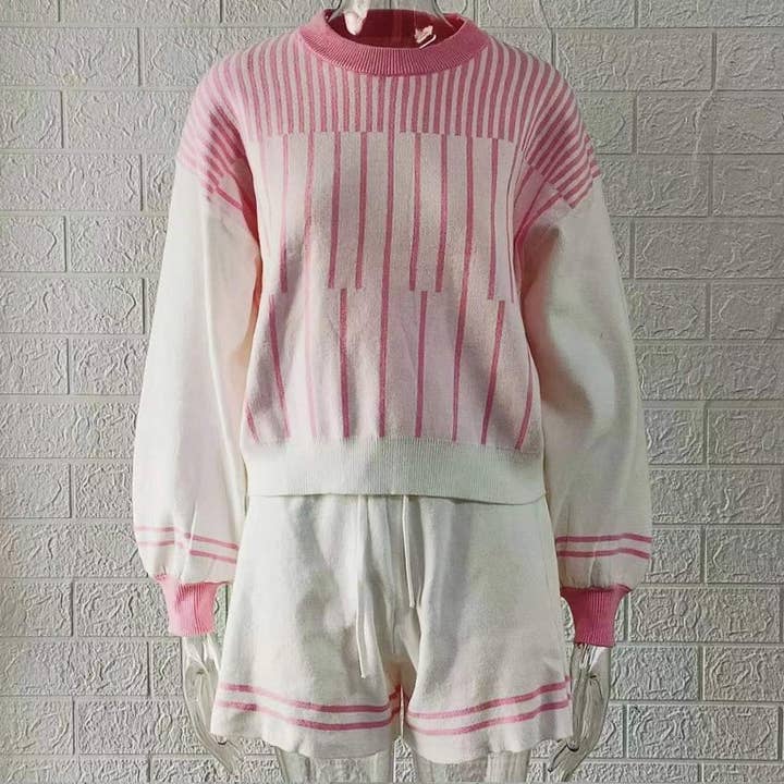 Rosa Clothing - Wholesale Lounge Set - Women's - Color-Blocked Striped Knitted Top And Shorts Set