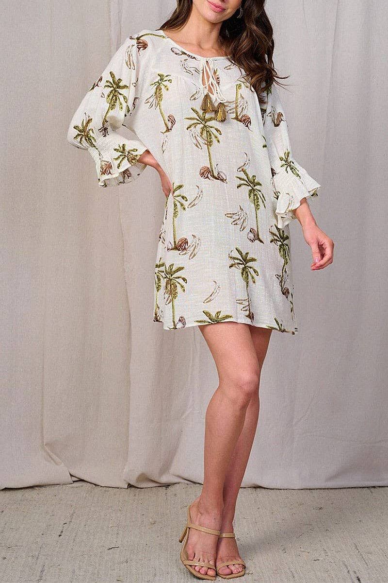 NATURALE ABITO TUNICA CON MANICHE A VOLANT E STAMPA TROPICALE in vendita all'ingrosso su Faire1