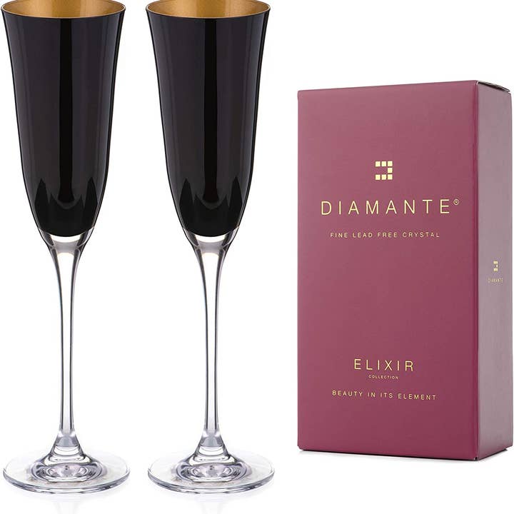 Oro Black/Gold Crystal Champagne Flutes - set of 2 for wholesale by DIAMANTE