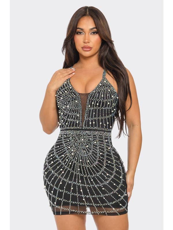 BANJUL - Wholesale Dress - Women's - BCCDS62869Rhinestone/Peal Embellished Halter Neck Mini Dress