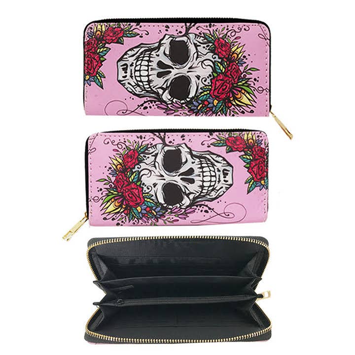 Cap Zone - Wholesale Wallet - Women's - Sugar Skull PU Leather Single Zip Continental Wallet7