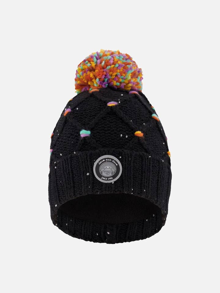 Gorro de punto forrado con pompón negro y multicolor con pequeñas lentejuelas para venta al por mayor de Deux par Deux