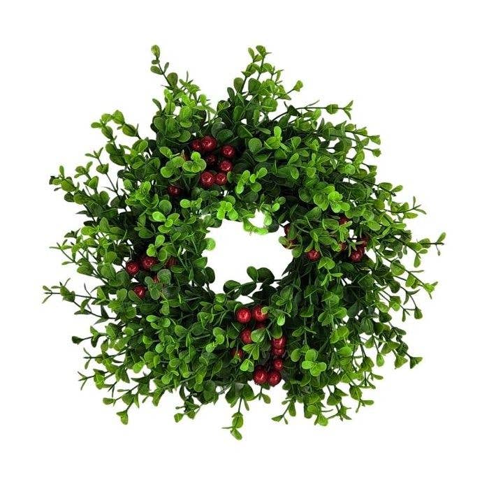 Lucknow Southern and Company - Wholesale Wreath - 12" All Handmade Mini Boxwood Wreath Green W/ Red Berries