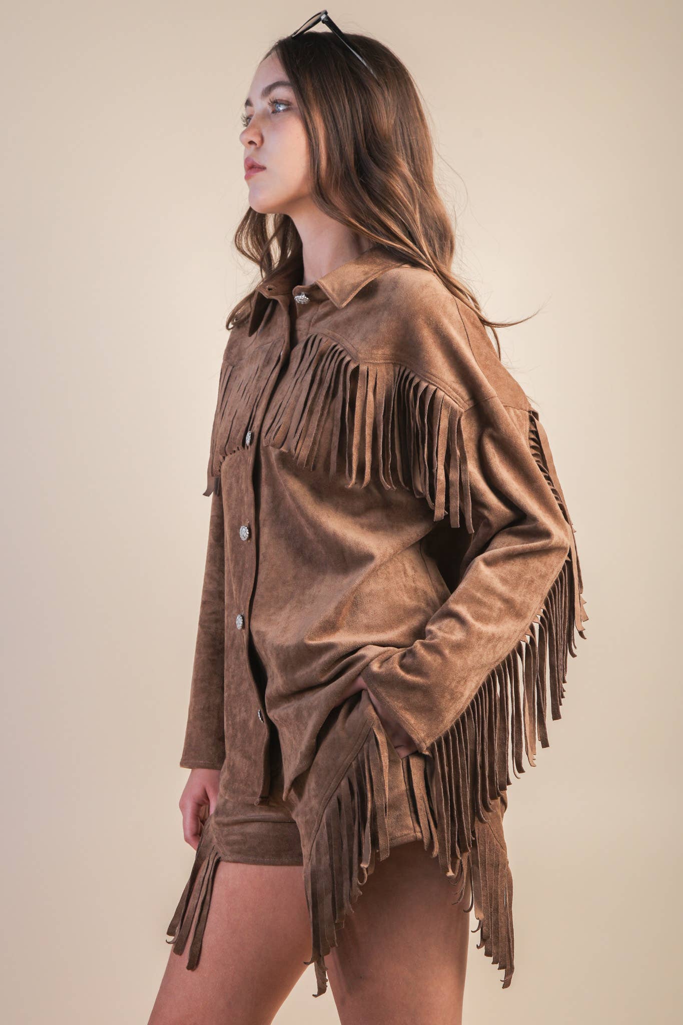 VERY J - Wholesale Jacket - Women's - NJ90387-Suede Fring Detail Western Jacket Shacket8