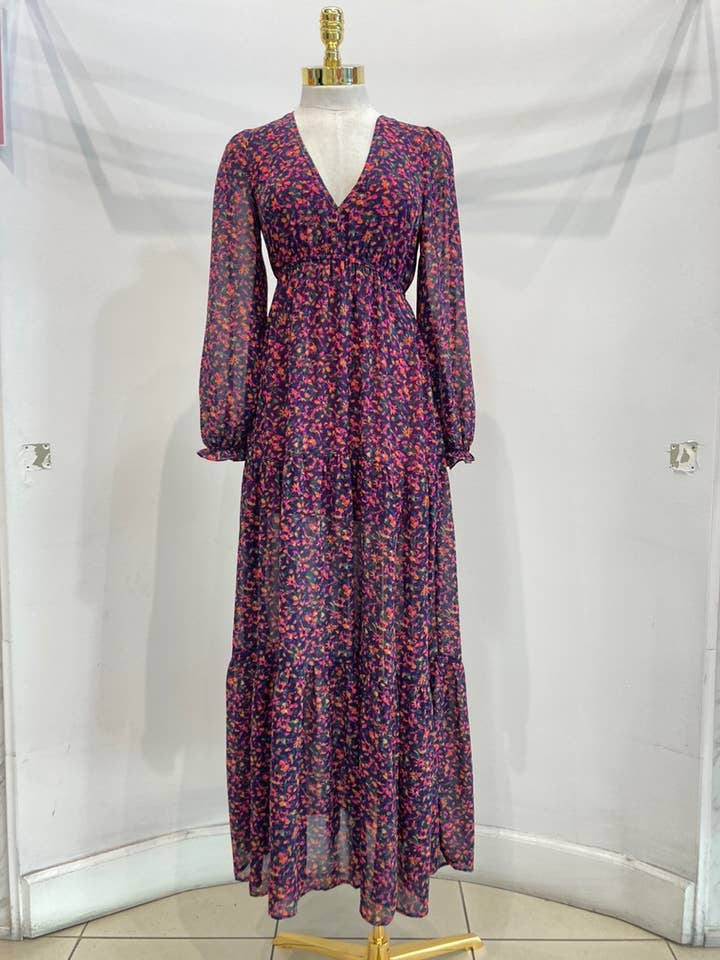 V neck long sleeve slit front tiered maxi dress floral print for wholesale by MILEY + MOLLY