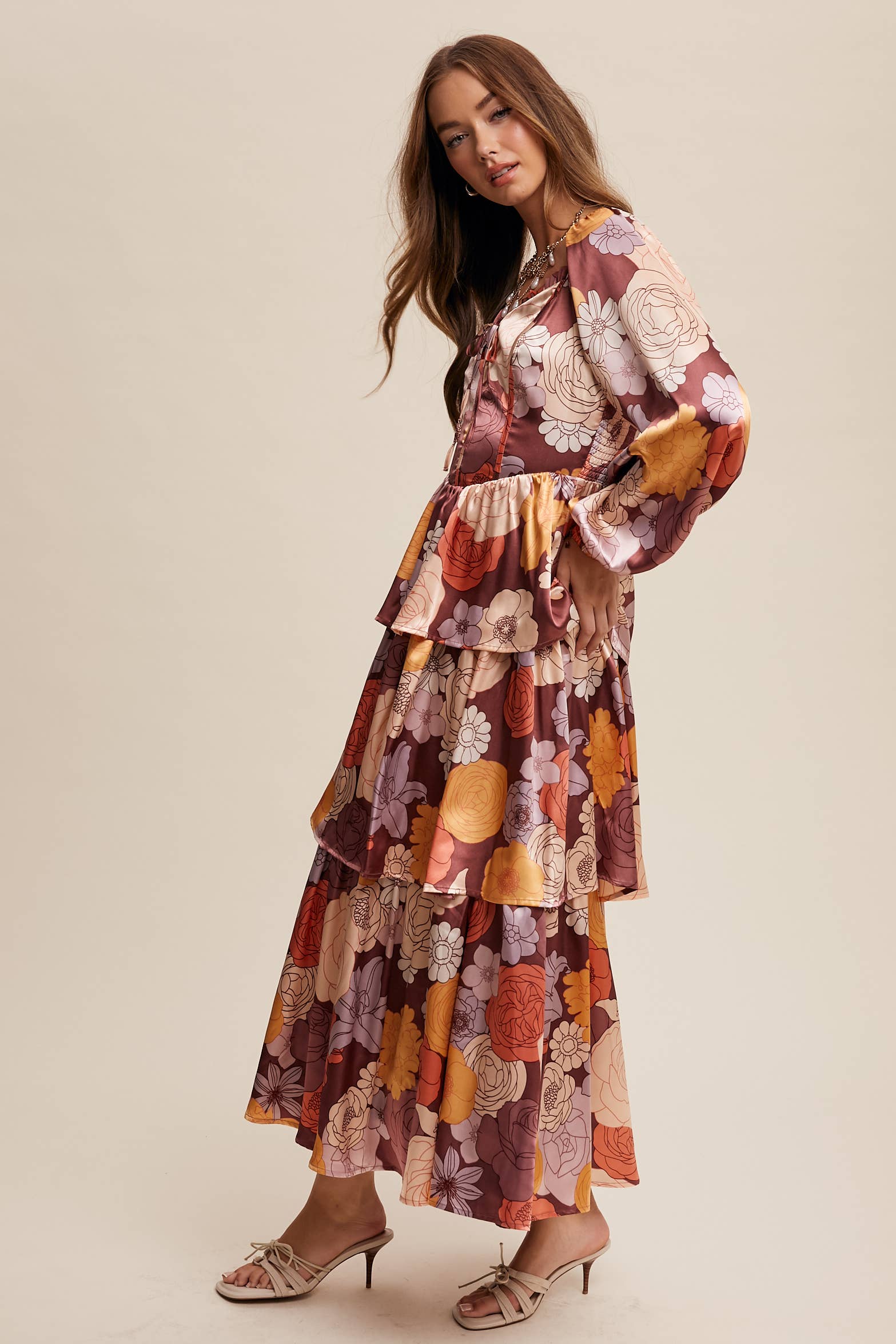 Listicle - Wholesale Dress - Women's - Floral Lace-Up Tiered Maxi Dress LD144819