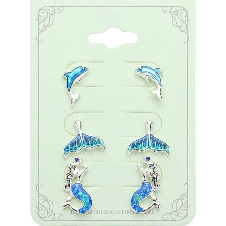 3PAIRS - Dolphin Whale Tai Mermaid Stud Earrings Set for wholesale by Sensibling Corp.