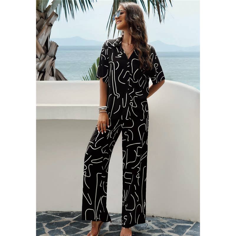 FurDecoration – Großhandel Loungewear-Set – Damen – Kurzarmanzug mit geometrischem Aufdruck am Revers13