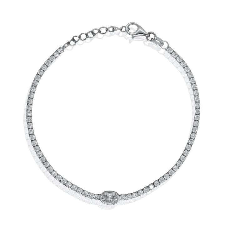 Bracciale Tennis con Zirconi Cubici Taglio Ovale Incastonati a Griffe Placcato in Rodio per la vendita all'ingrosso da parte di Aurora Jewels