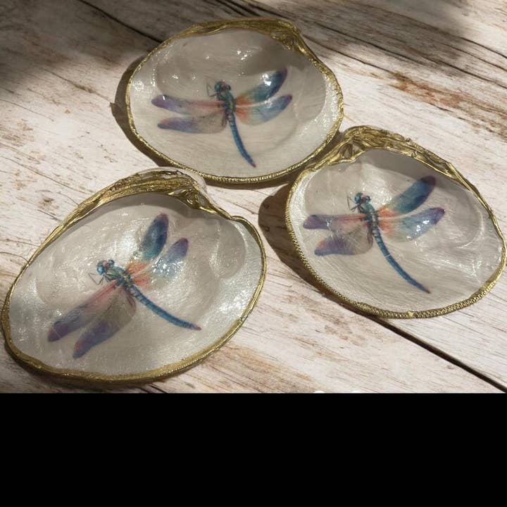 Handmade Decoupage Clamshell Trinket Dish Firefly Decor for wholesale by CC Shells Gifts LLC