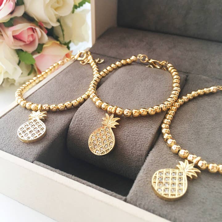 Evileyefavor - Venta al por mayor Pulseras de abalorios/colgantes - Pulsera con dijes de piña, pulsera de cuentas de oro, joyería de verano