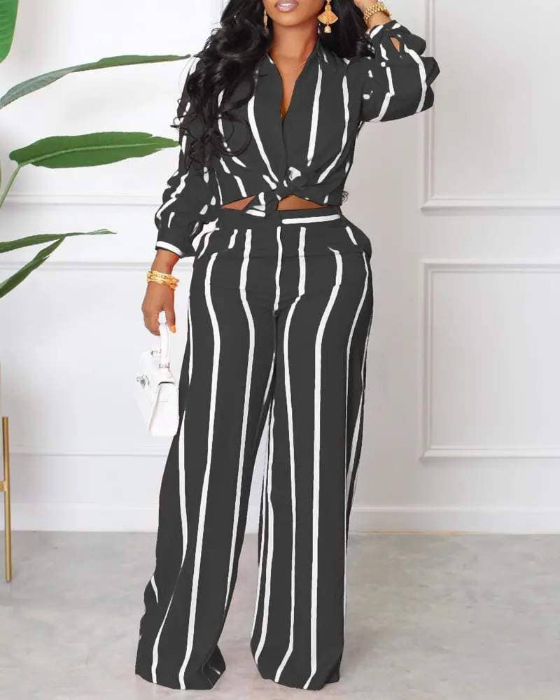 Fashion Combination - Wholesale Top & Skirt Set - Women's - striped long sleeve button down shirt pants set2