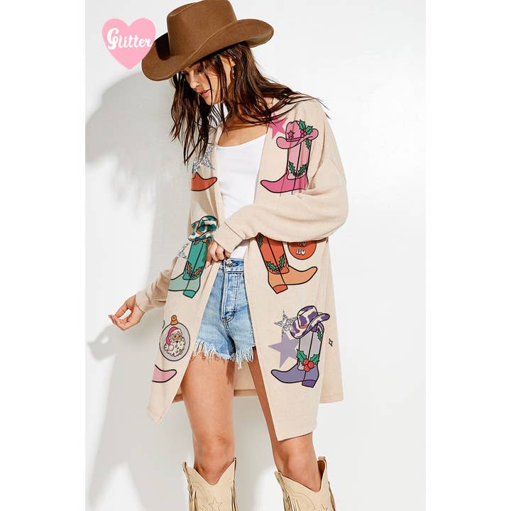 Phil Love - Wholesale Cardigan - Women's - Christmas Cowgirl boots Glitter Knit Cardigan