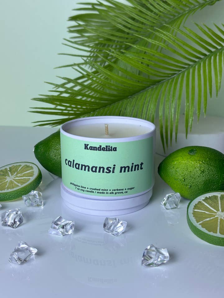 Calamansi Mint | Matte white tin soy candle for wholesale by Kandelita