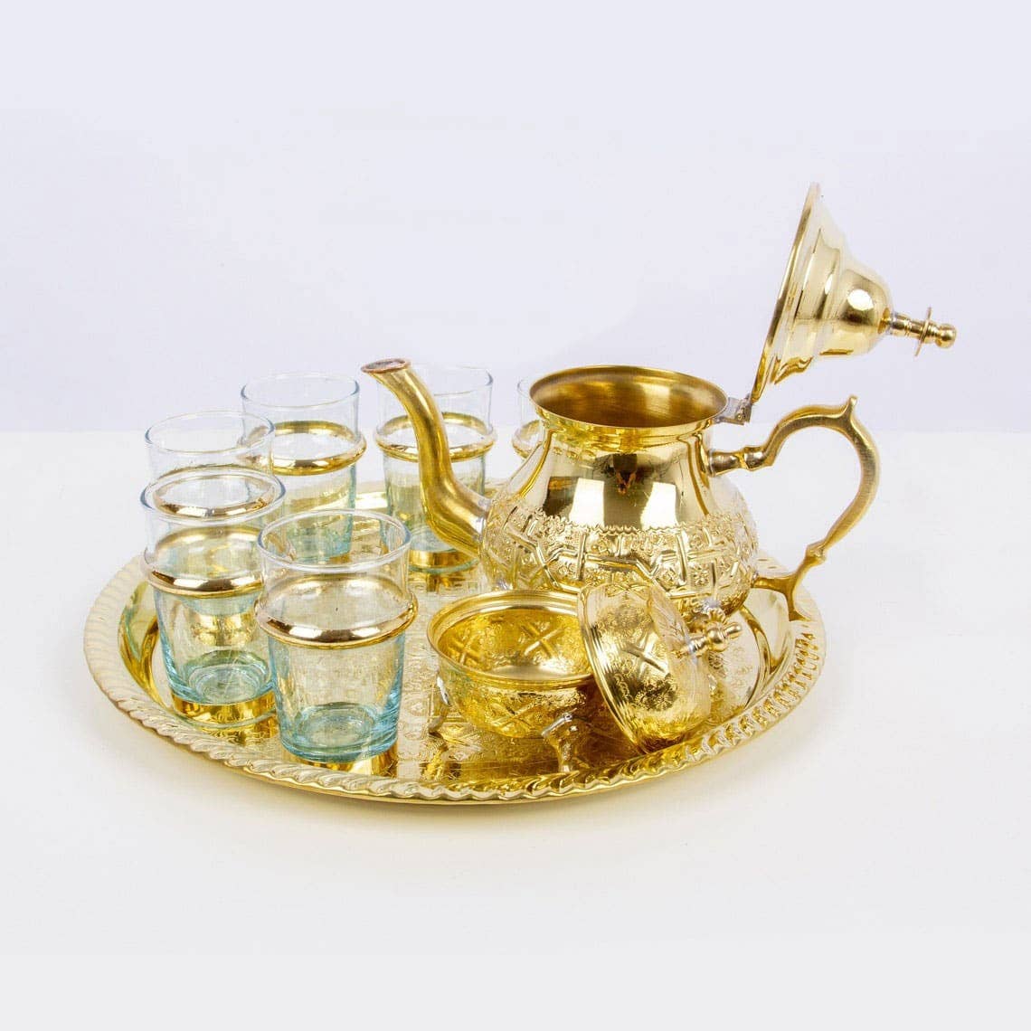 High crafty - Wholesale Tea Set - ✨ Hand-Engraved Brass Tea Set – Traditional Moroccan 9-Piece3