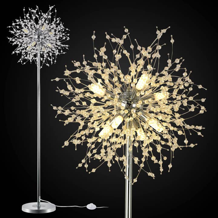 Silver Crystal Floor Lamp for Bedroom, Floor Lamp for Living Room, Elegant Standing Lamp, 69" Tall Pole Lamp, Modern Floor Lamp for Room Decor, 32 Firework Crystal Harnesses Included, Chrome Finish for wholesale on Faire