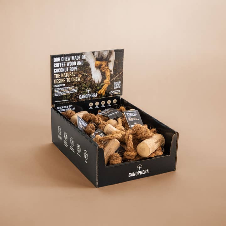 CANOPHERA LLC - Wholesale Pet Chew Toy - Dog - Shelf Display Coffee & Coco Wood Dog Chew 16-piece.