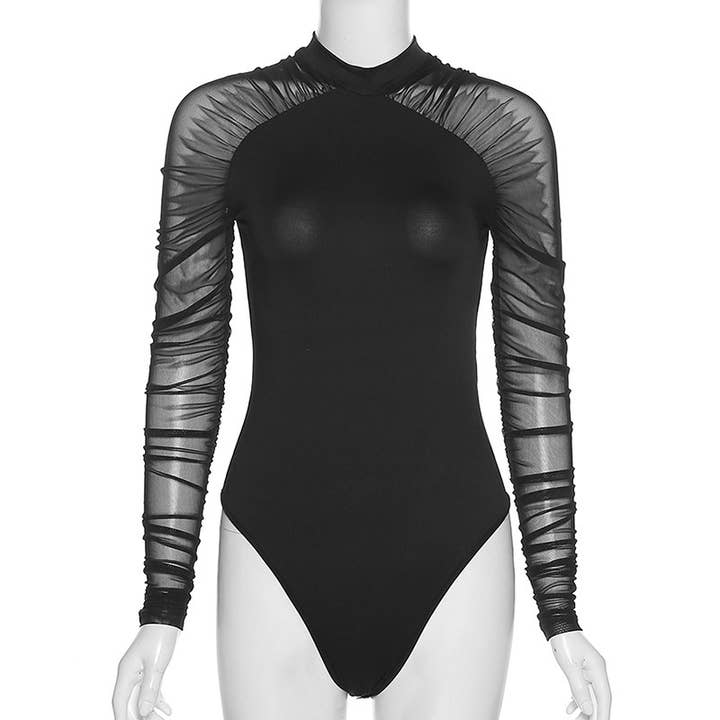 Rosa Clothing - Wholesale Bodysuit - Women's - Round-neck mesh long-sleeved bodysuit