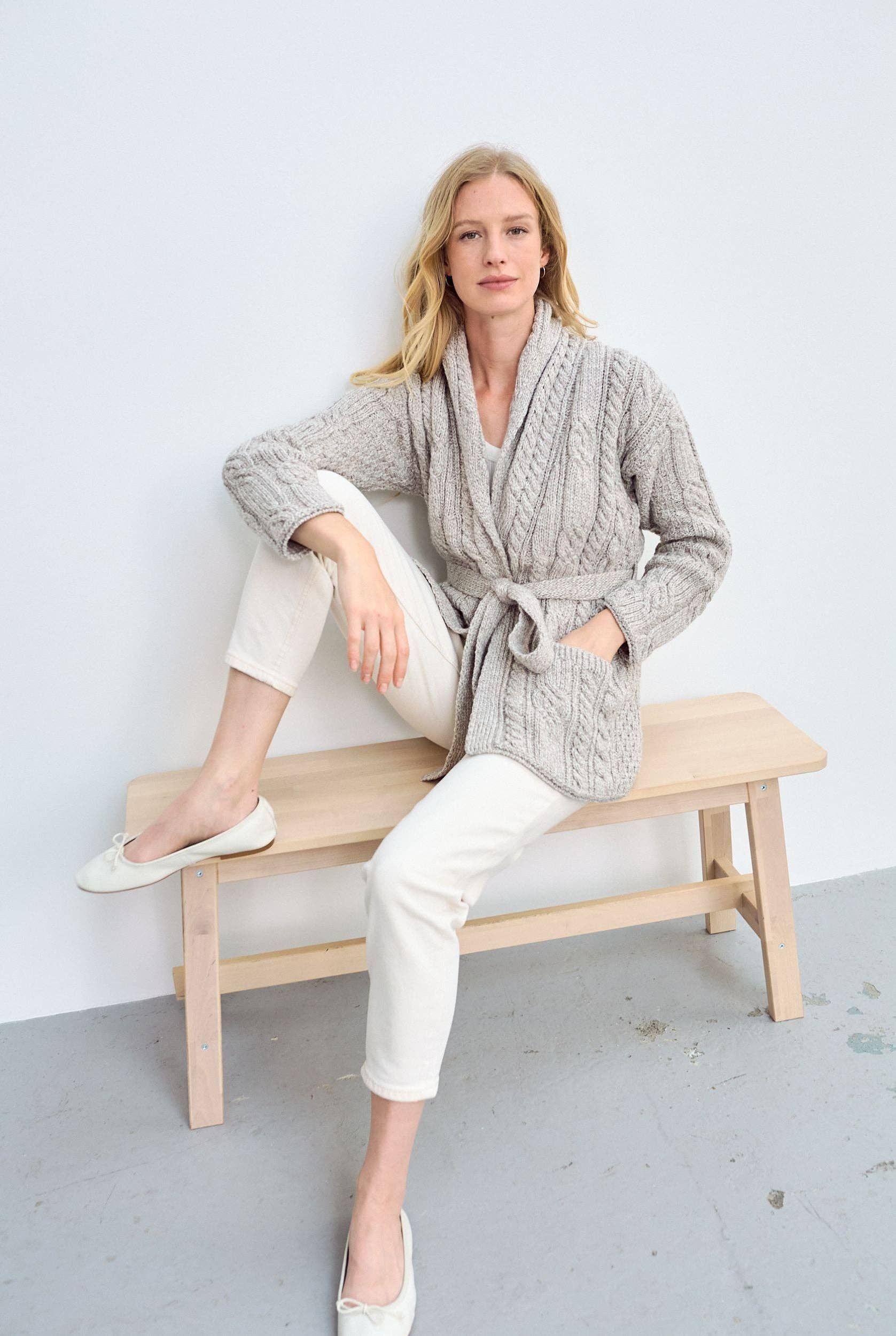 Aran Woollen Mills - Wholesale Cardigan - Women's - Sheeffry Shawl Aran Neck Cardigan -  Oat2