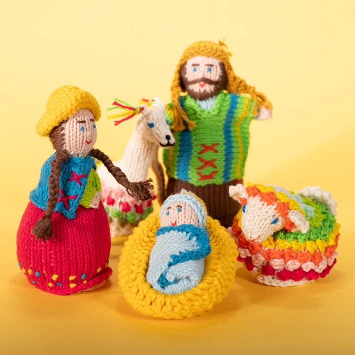 Highland Nativity, juego de 5 unidades de punto de algodón orgánico, decoración navideña natural para venta al por mayor de Lucuma Designs