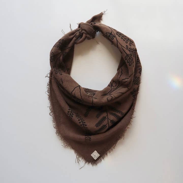 Limited:chocolate botanical Plant Dyed Bandana-brown ink for wholesale by Eco Raw Studio
