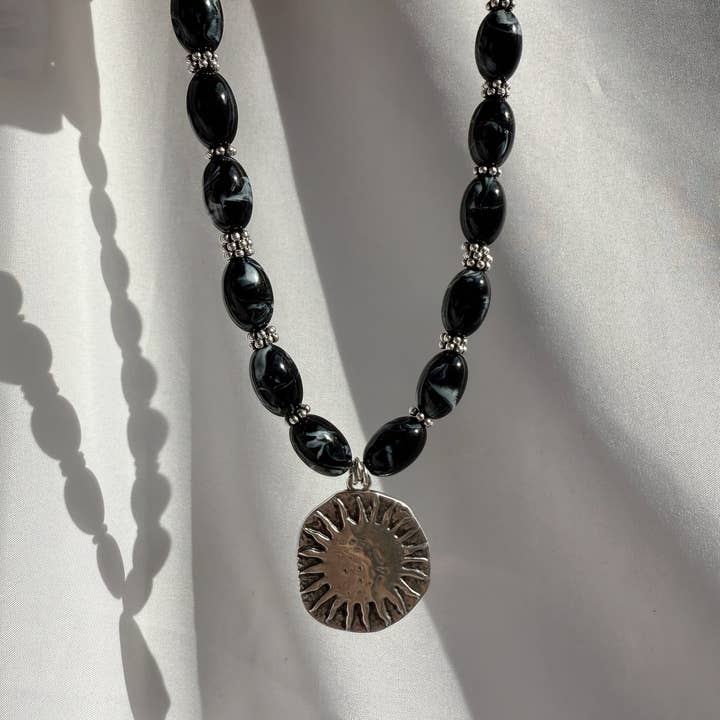 Christina Christi - Wholesale Pendant/Charm Necklace - Handmade Black Beaded Necklace with Silver Sun Pendant3