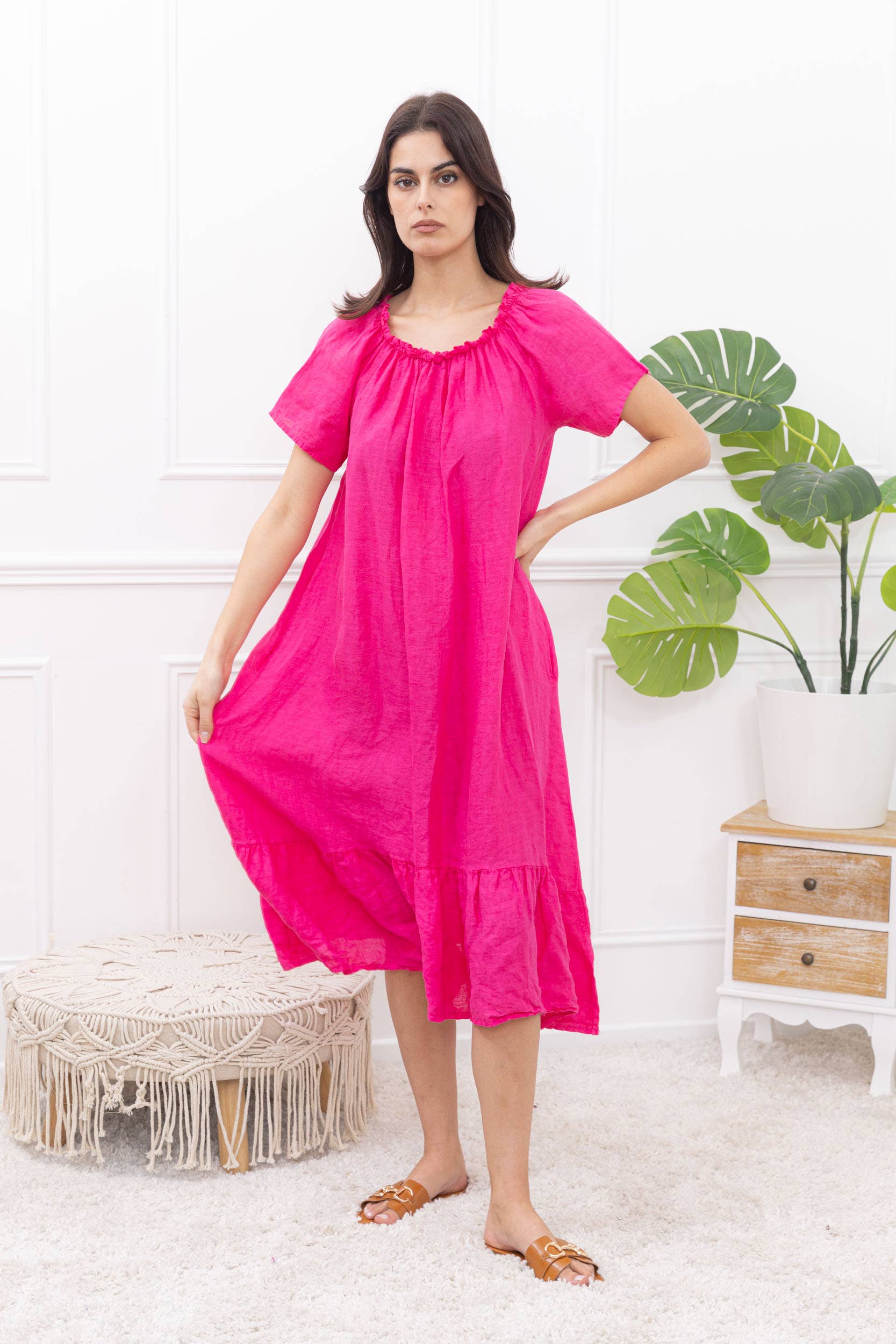 Happy look - Wholesale Dress - Women's - Long Linen Dress with Short Sleeves and Elastic Collar17